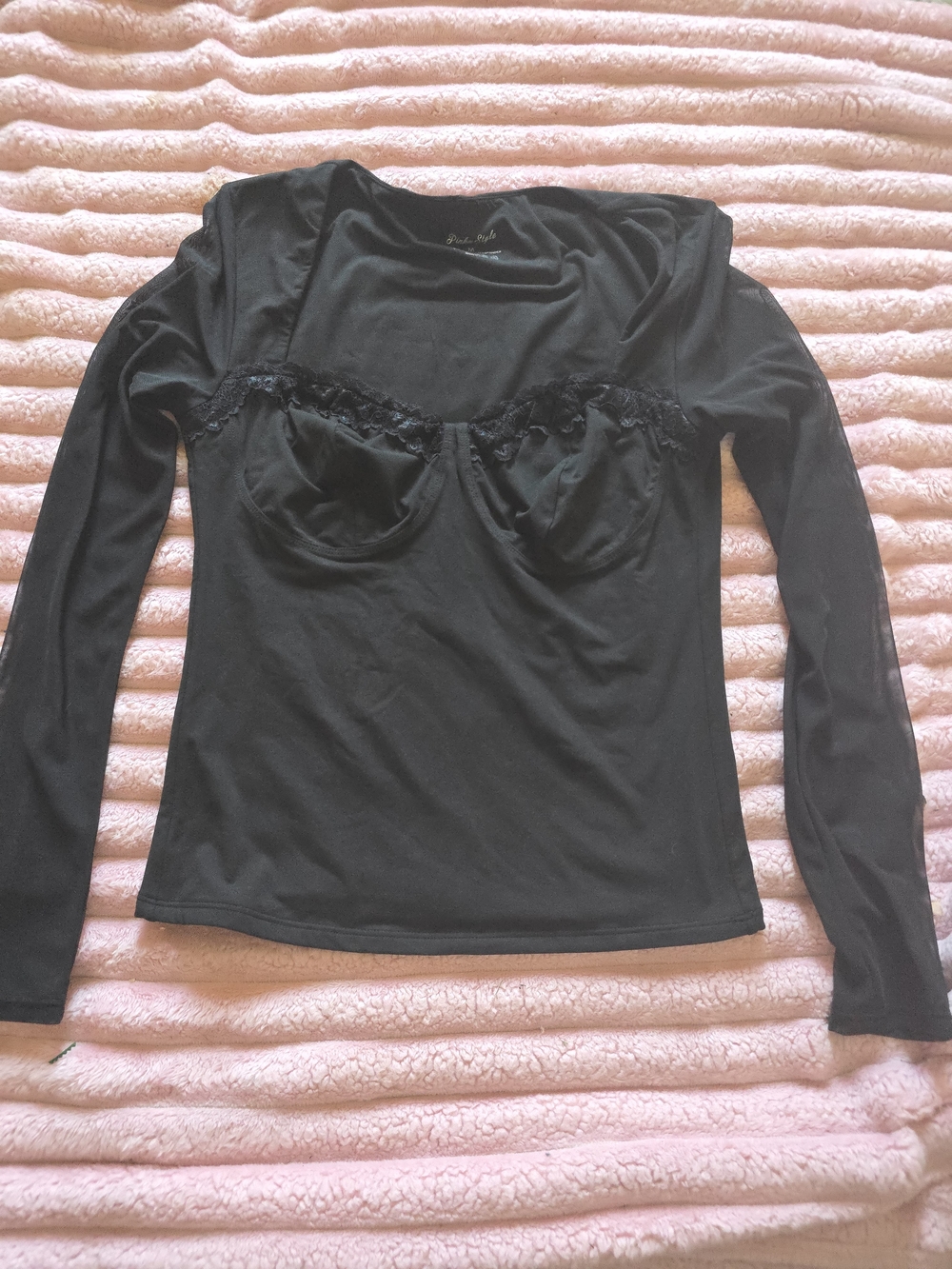 Black Lace-Trim Long Sleeve Bustier-Style Top